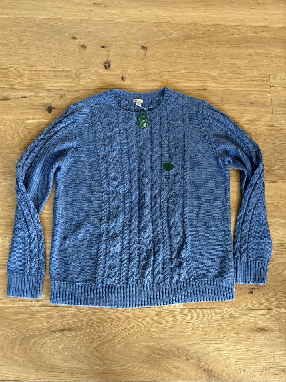 NWT LL BEAN Cable Knit Crewneck Pullover Cotton Sweater, Blue Heather, 298839 XL